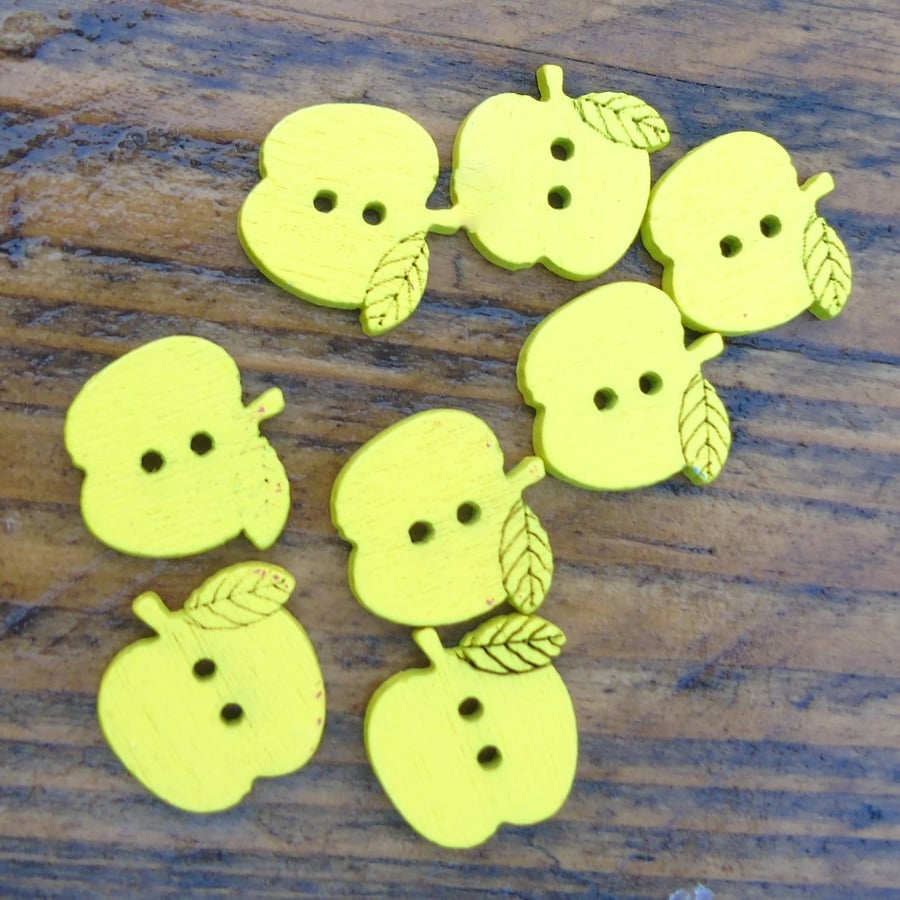 8 yellow wooden apple buttons - 1.5 cms across - 2 holes