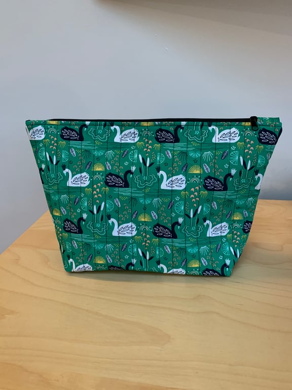 Swans Wearing Crowns Print Fabric Quilted Wash Bag