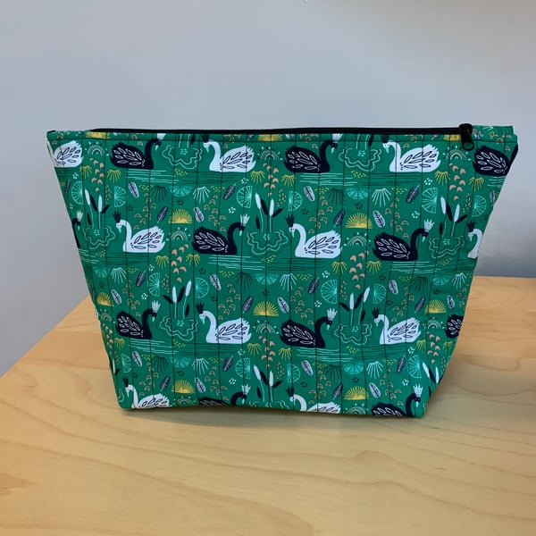 Swans Wearing Crowns Print Fabric Quilted Wash Bag