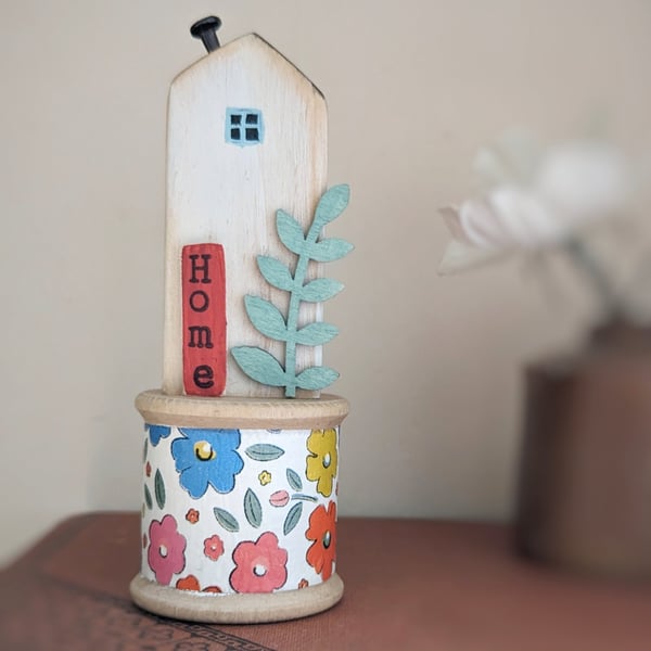 Little Wooden House on a Vintage Bobbin 'Home' 