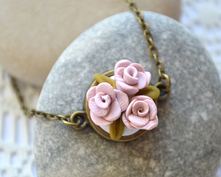 Dainty, Polymer Clay, Pink Flower Pendant Necklace