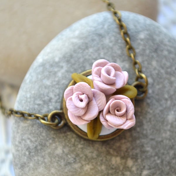 Dainty, Polymer Clay, Pink Flower Pendant Necklace