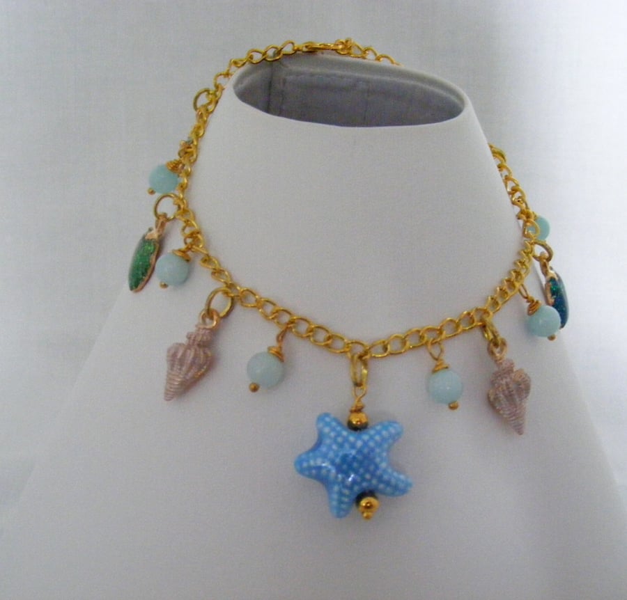 Turquoise and Gold Sea Themed Charm Anklet