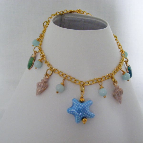 Turquoise and Gold Sea Themed Charm Anklet