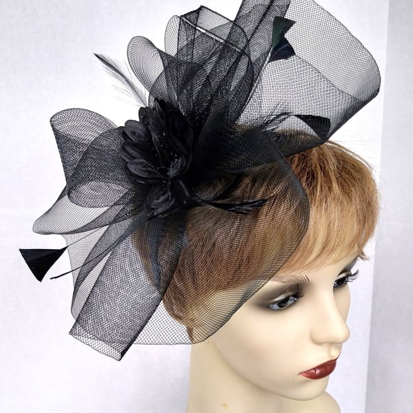 Black 'crin' fascinator with beaded flower