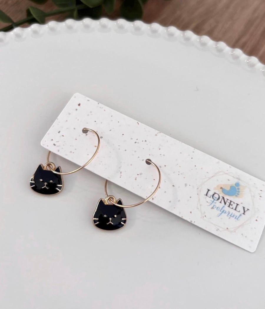 Black Enamel Cat Hoop Earrings, Charm Earrings, Handmade Jewellery 