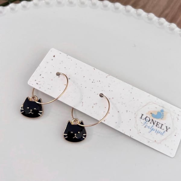 Black Enamel Cat Hoop Earrings, Charm Earrings, Handmade Jewellery 
