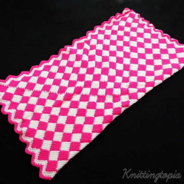 Hand crochet entrelac baby blanket - bright pink and white 