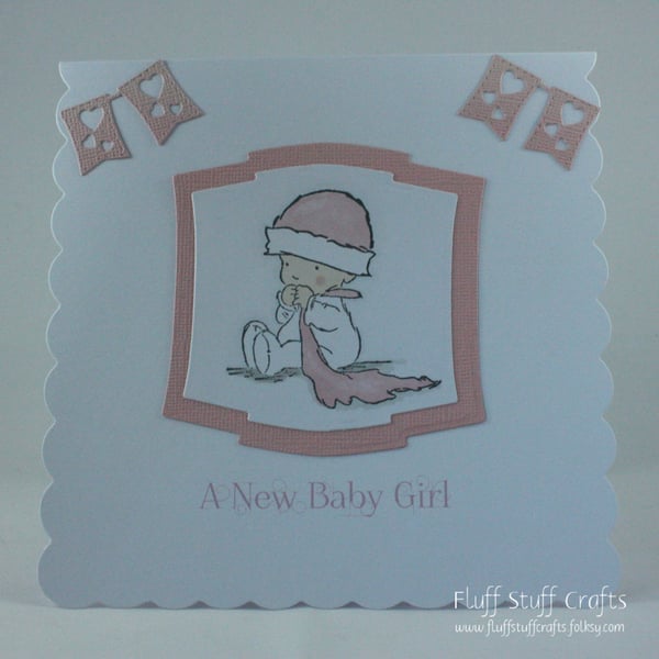 Handmade new baby girl card - baby with blanket