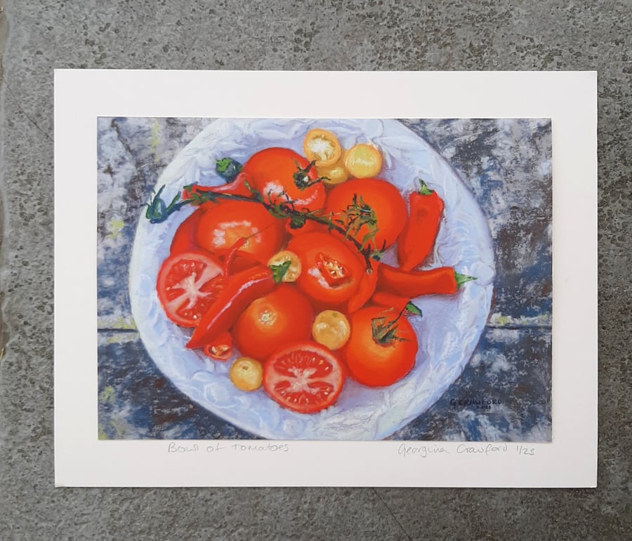 Print of a Bowl of Tomatoes and Chillis. Still Life