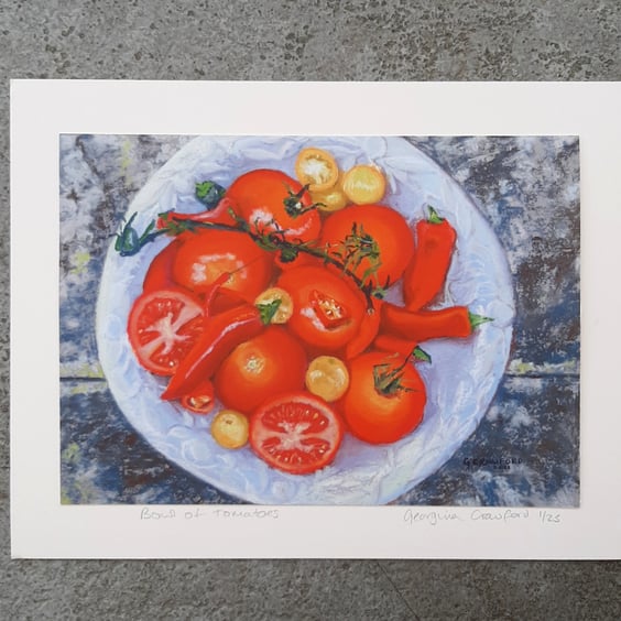 Print of a Bowl of Tomatoes and Chillis. Still Life