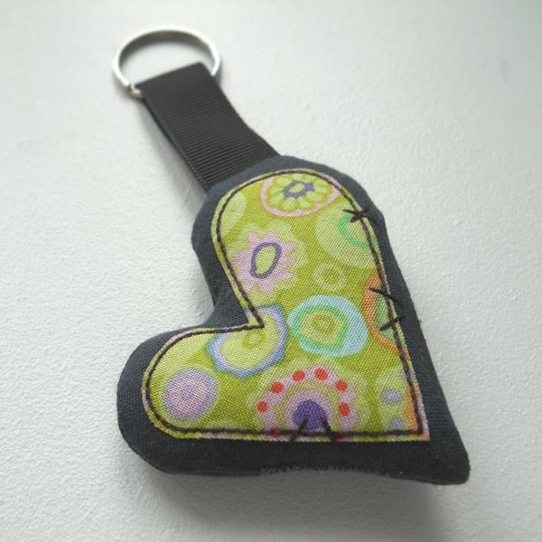 applique embroidered heart keyring key fob hanging decoration LIME GREEN