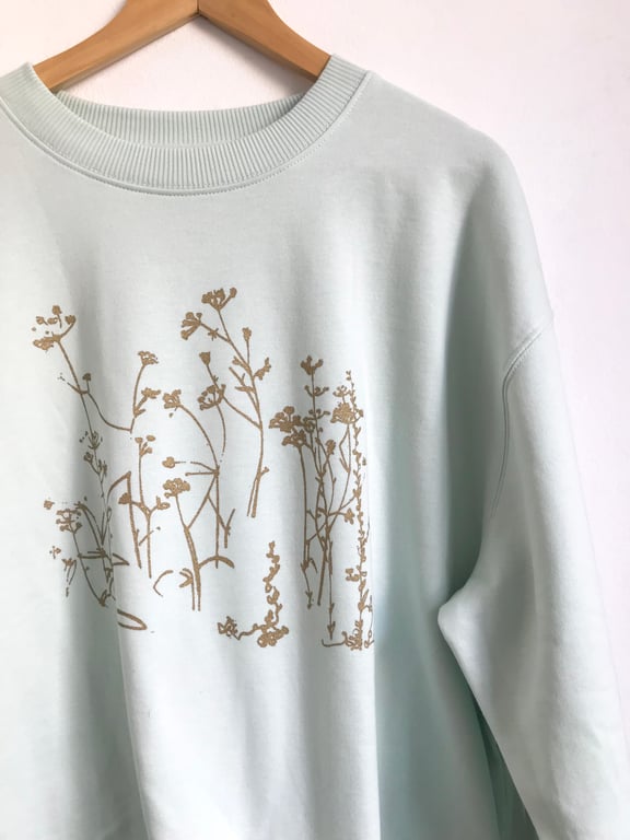  Womens organic cotton sweatshirt mint green gold wild meadow  print 