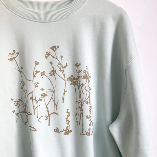  Womens organic cotton sweatshirt mint green gold wild meadow  print 