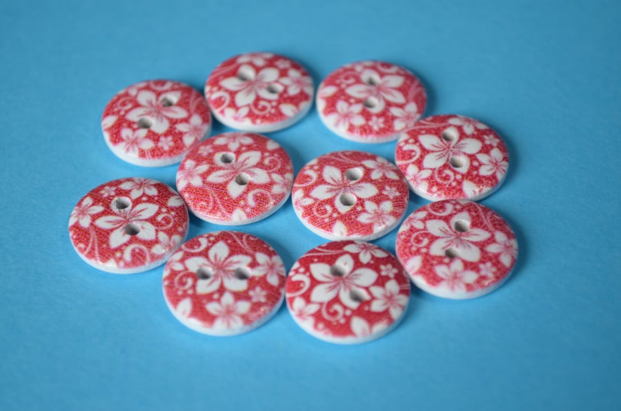 15mm Wooden Floral Buttons Hawaiian Red & White Flower 10pk Flowers (SF37)