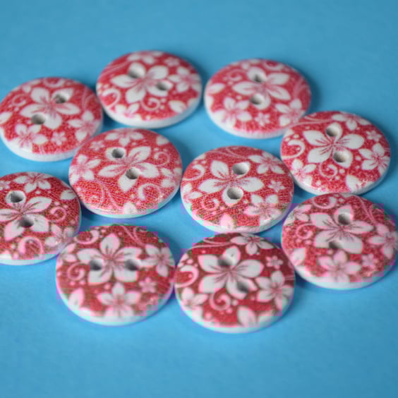 15mm Wooden Floral Buttons Hawaiian Red & White Flower 10pk Flowers (SF37)
