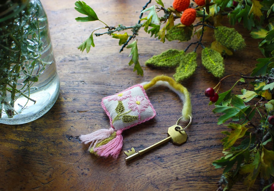 Oatmeal linen keyring or bag charm with hand embroidered campion flower