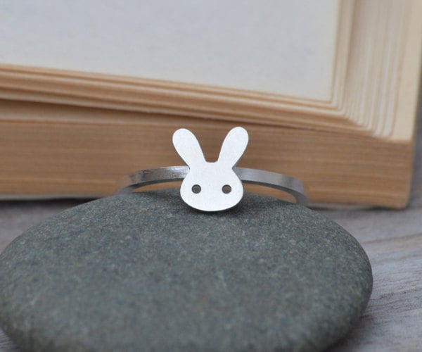 bunny rabbit ring with straight ears in sterling silver