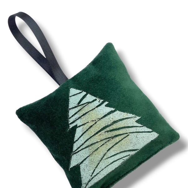 Velvet Lavender Sachet, Hand Printed Lavender Bag, Christmas Tree Ornament 