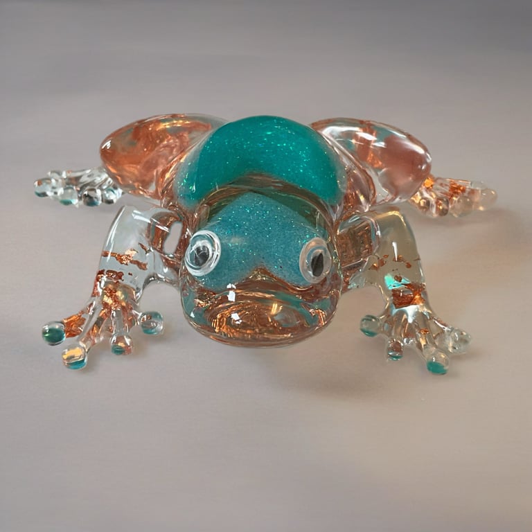 Handmade Resin Frog Ornament with Gold Leaf & Teal Glitter Heart, Unique Frog
