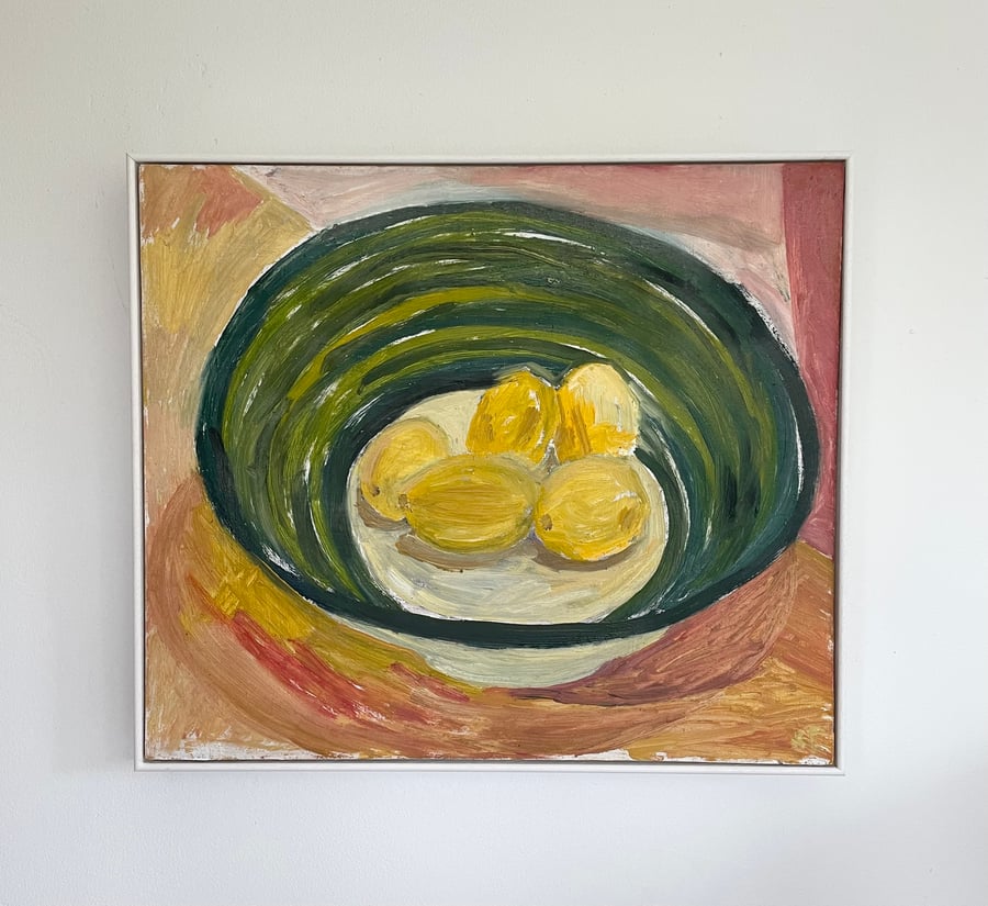 Lemons, framed still life oil painting on board
