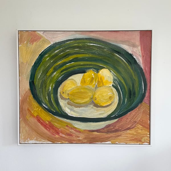 Lemons, framed still life oil painting on board
