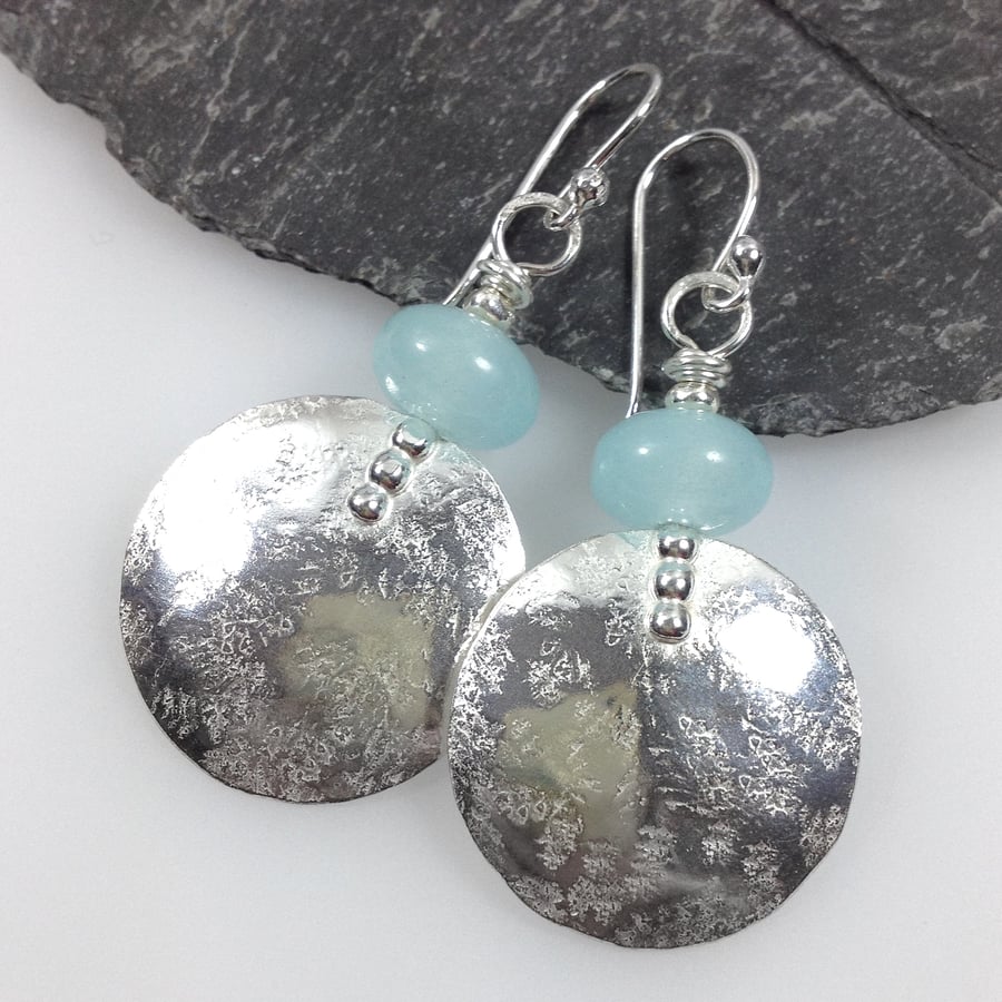 Large round silver and aquamarine earrings 