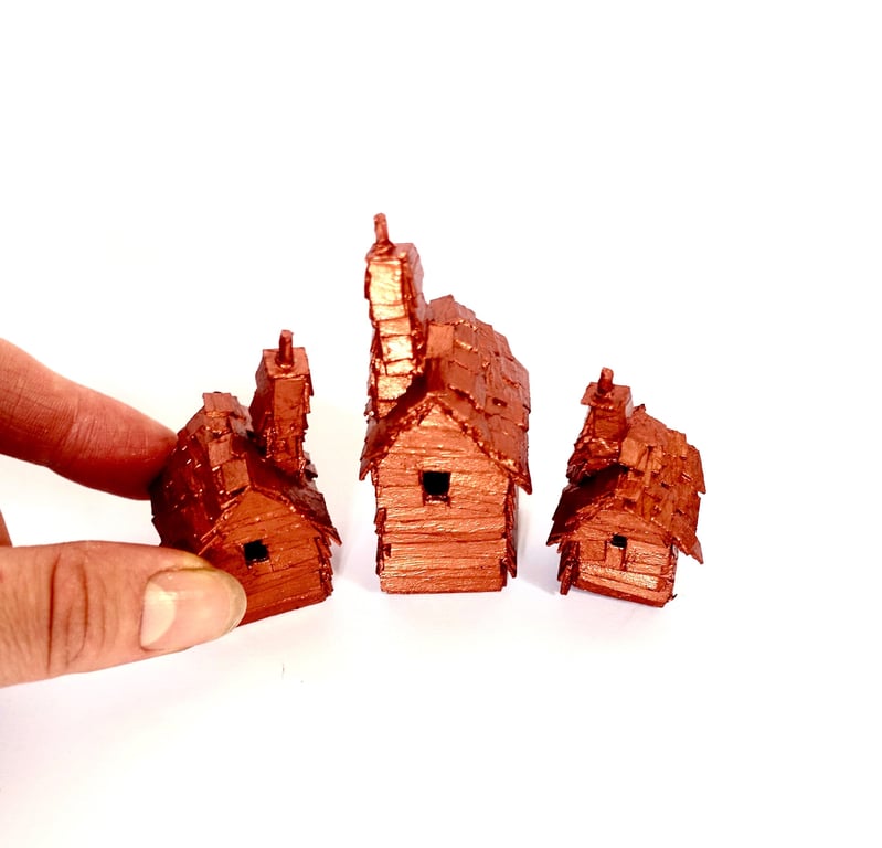 Tiny Copper Houses Set - Handmade Whimsical Art - Magical Home Decor Gifts