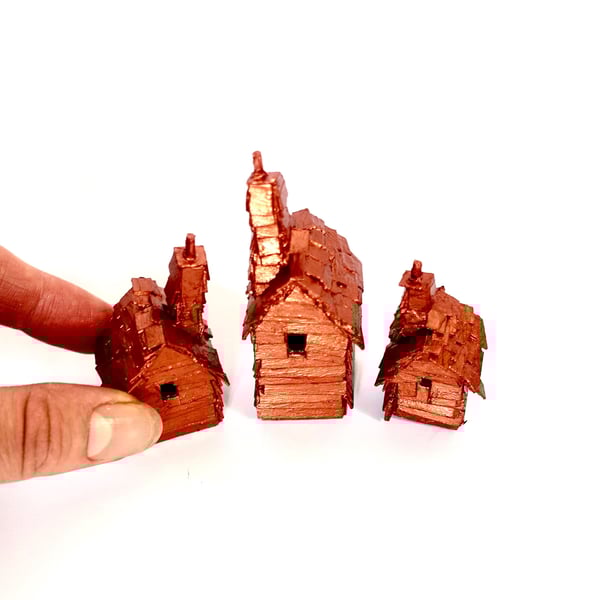 Tiny Copper Houses Set - Handmade Whimsical Art - Magical Home Decor Gifts