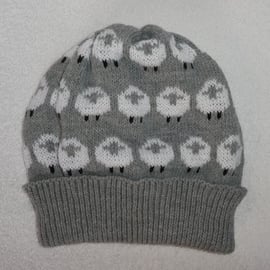 Sheep Hat Knitted in 4 ply Yarn.  Beanie Hat. Winter Hat