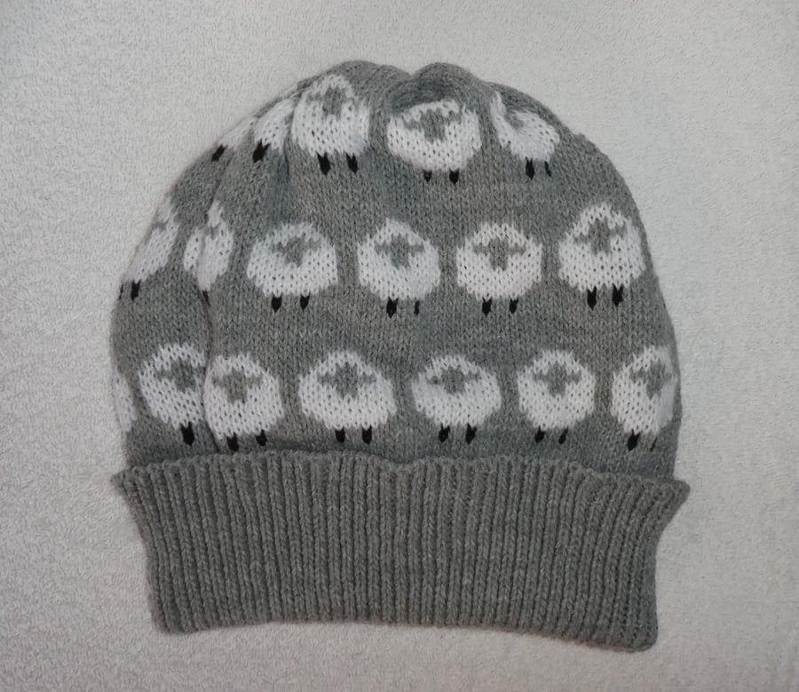Sheep Hat Knitted in 4 ply Yarn.  Beanie Hat. Winter Hat
