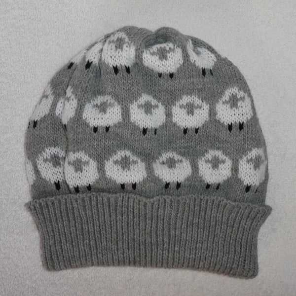 Sheep Hat Knitted in 4 ply Yarn.  Beanie Hat. Winter Hat