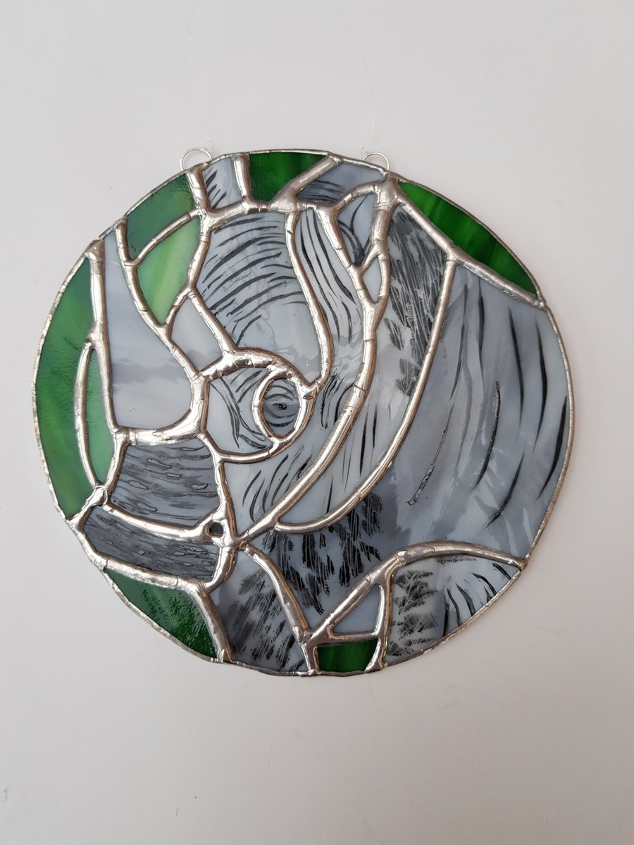 052 Stained Glass Hand Painted Rhinoceros - handmade hanging decoration.