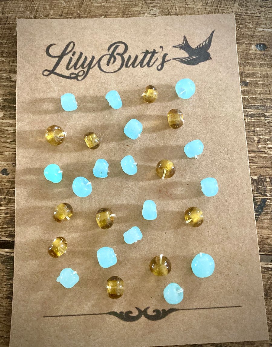 27 Glass Chunky Seed Beads - Pale Blue and Amber - 6mm