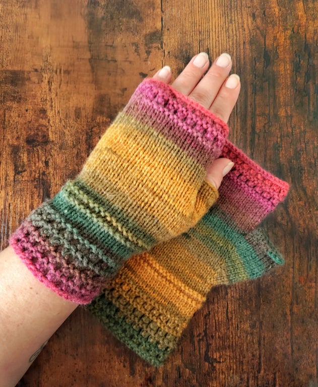 Cosy Wool Mix Hand Knitted Fingerless Gloves in Autumn Colours