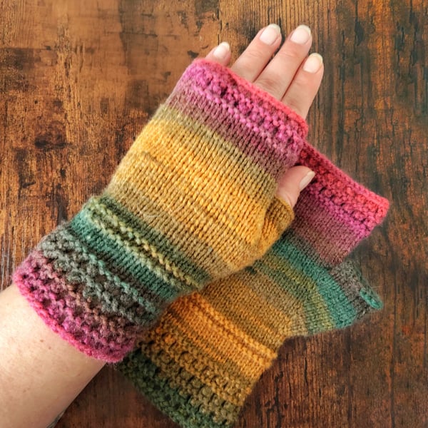 Cosy Wool Mix Hand Knitted Fingerless Gloves in Autumn Colours
