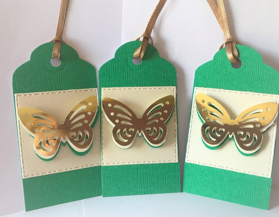 LUXURY SPARKLY Butterfly elegant 3 Green gold cream gift tags 4 x 2 inches 