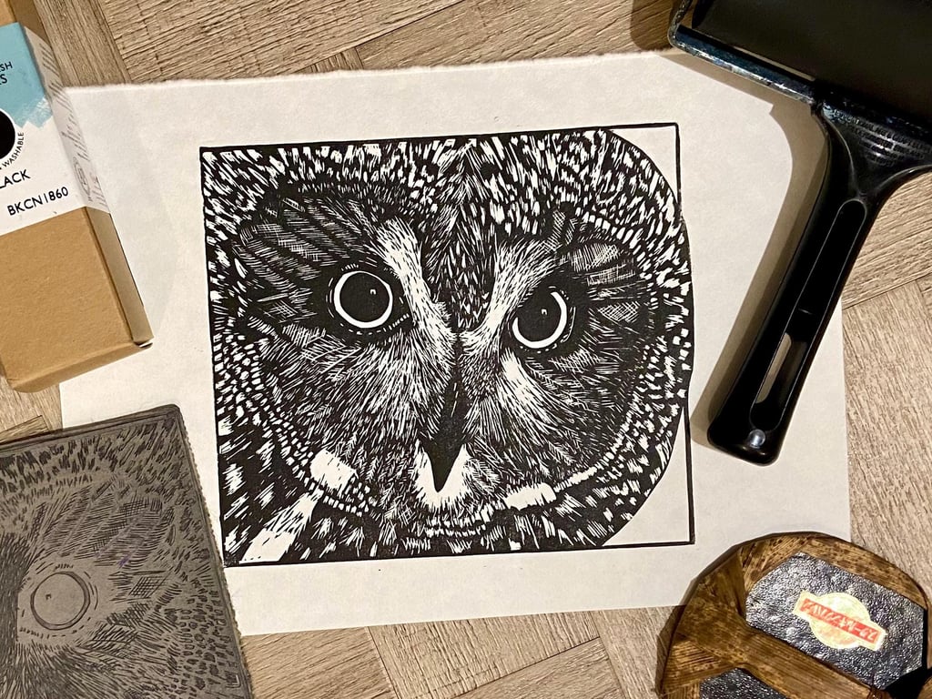 The Wise One - Owl linoprint - handcut and hand burnished wall art lino cut art 