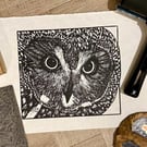 The Wise One - Owl linoprint - handcut and hand burnished wall art lino cut art 