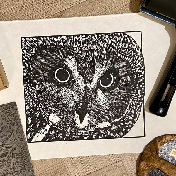 The Wise One - Owl linoprint - handcut and hand burnished wall art lino cut art 