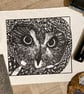 The Wise One - Owl linoprint - handcut and hand burnished wall art lino cut art 