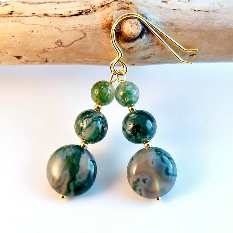 Moss Agate Gemstone & Gold Vermeil Earrings, Birthday, Anniversary, Gift For Her