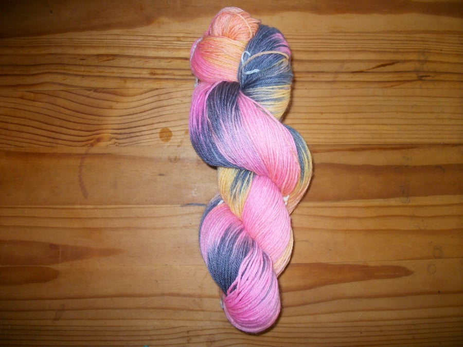 100g Hand Painted 4ply Sock Yarn In Grey, Pink and Pale Orange.