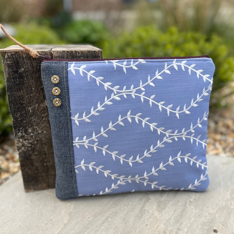 Reclaimed denim and embroidered cotton book pouch zip bag