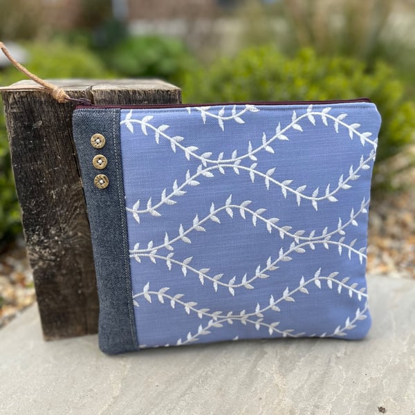 Reclaimed denim and embroidered cotton book pouch zip bag