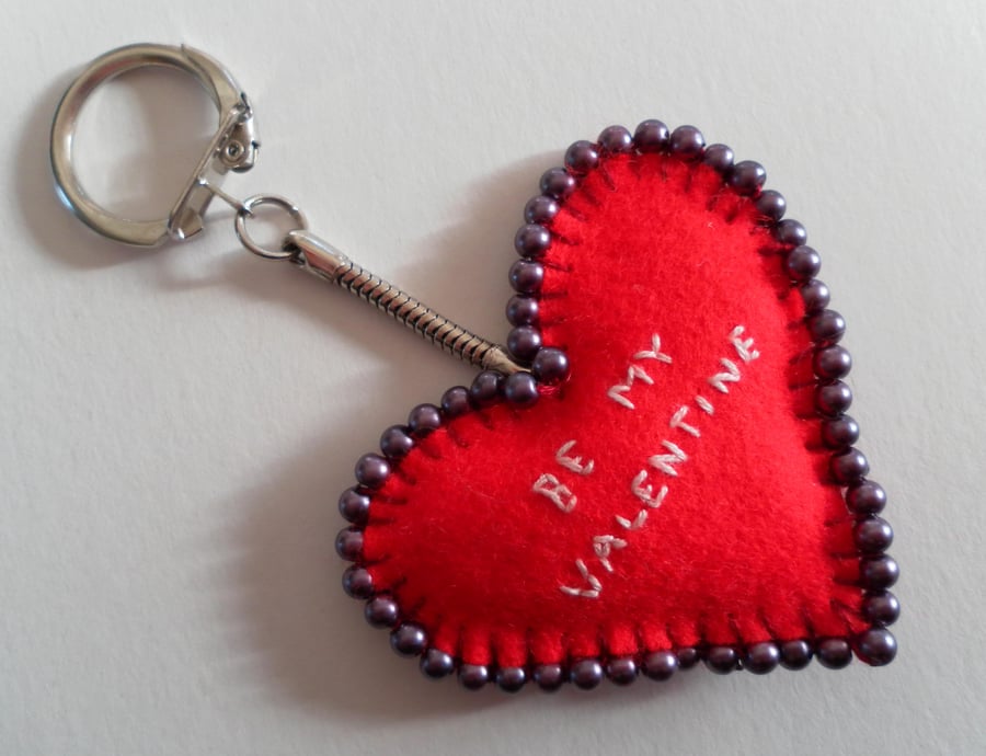 Valentine's Day, Red Felt Heart Keyring, Card, hand embroidered and beaded