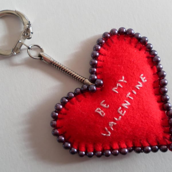 Valentine's Day, Red Felt Heart Keyring, Card, hand embroidered and beaded