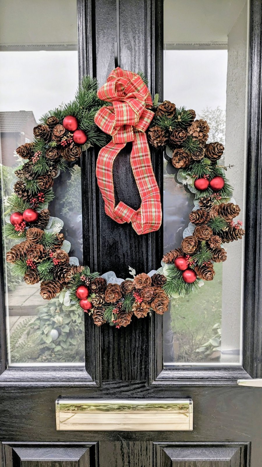 Handmade Door Wreath - 50cm Traditional Tartan & Pine Cones 