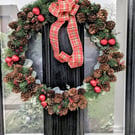 Handmade Door Wreath - 50cm Traditional Tartan & Pine Cones 