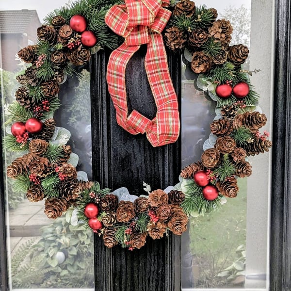 Handmade Door Wreath - 50cm Traditional Tartan & Pine Cones 